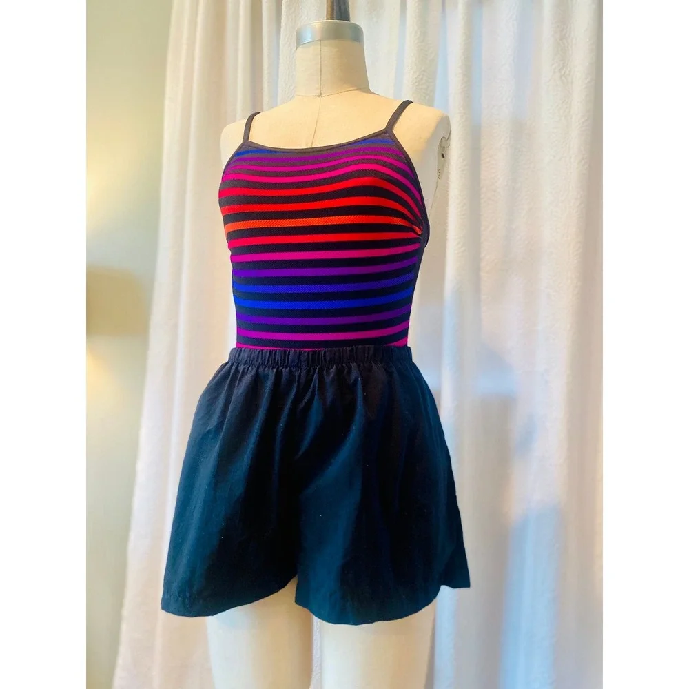 Vintage Le Cove‎ Striped Swimsuit with Built-In Shorts, Size 10